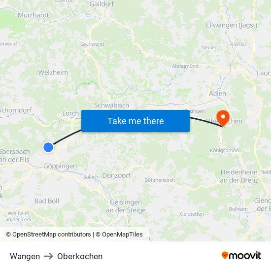 Wangen to Oberkochen map