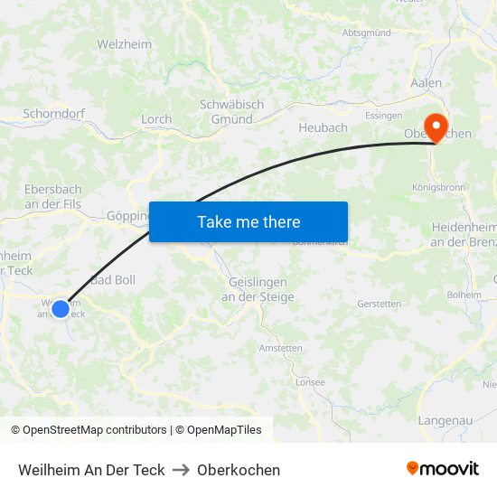 Weilheim An Der Teck to Oberkochen map