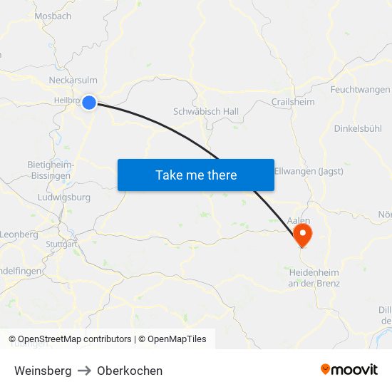 Weinsberg to Oberkochen map