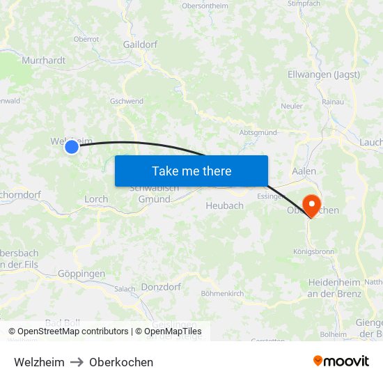 Welzheim to Oberkochen map