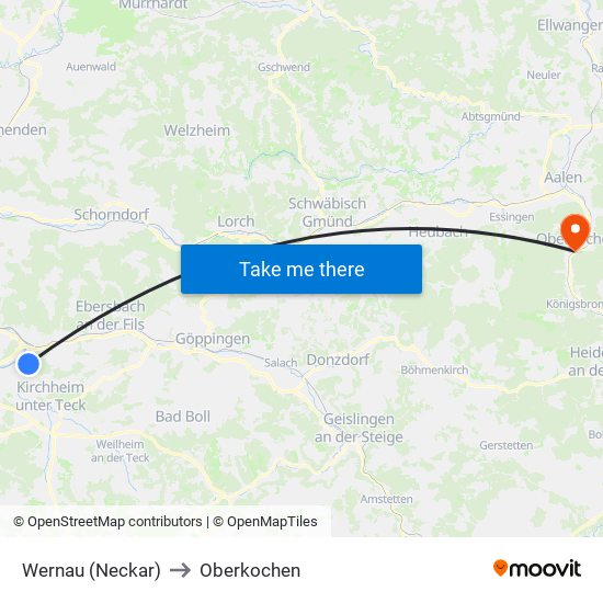 Wernau (Neckar) to Oberkochen map
