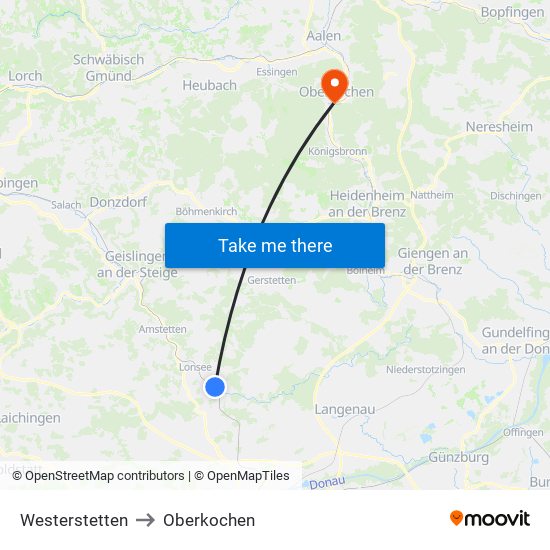 Westerstetten to Oberkochen map