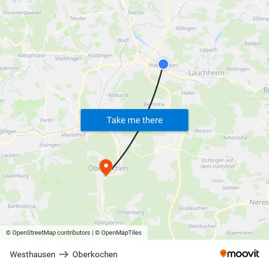 Westhausen to Oberkochen map