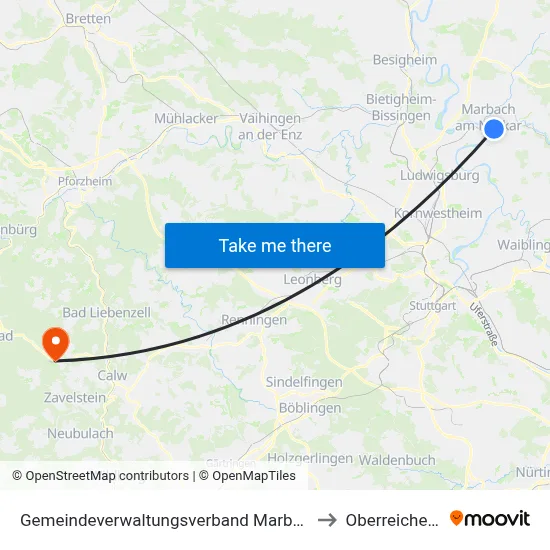 Gemeindeverwaltungsverband Marbach am Neckar to Oberreichenbach map