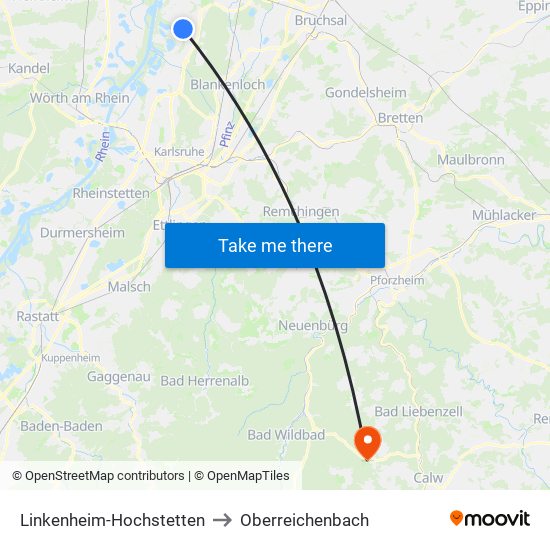 Linkenheim-Hochstetten to Oberreichenbach map