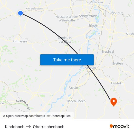 Kindsbach to Oberreichenbach map