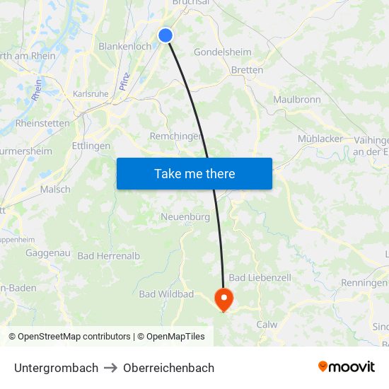 Untergrombach to Oberreichenbach map