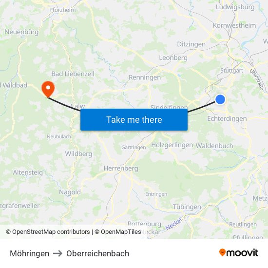 Möhringen to Oberreichenbach map