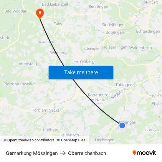 Gemarkung Mössingen to Oberreichenbach map