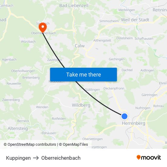 Kuppingen to Oberreichenbach map