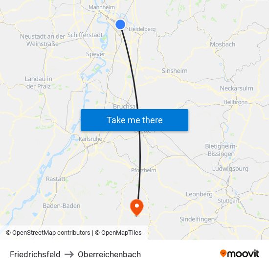 Friedrichsfeld to Oberreichenbach map