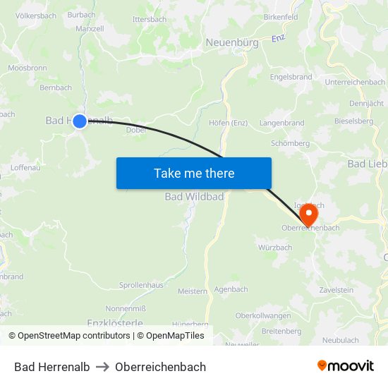 Bad Herrenalb to Oberreichenbach map