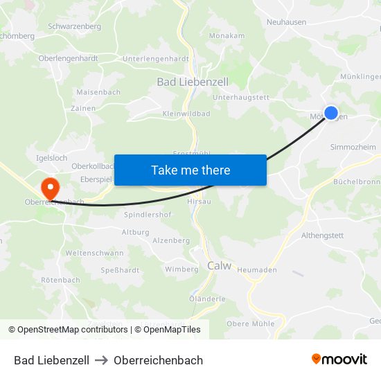 Bad Liebenzell to Oberreichenbach map