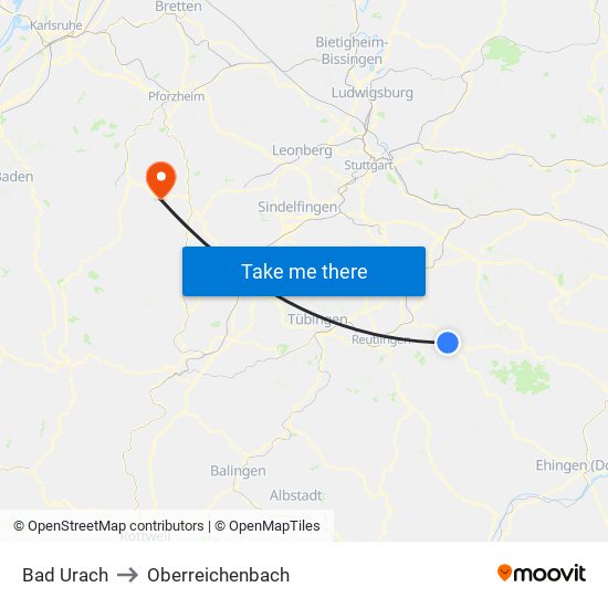 Bad Urach to Oberreichenbach map