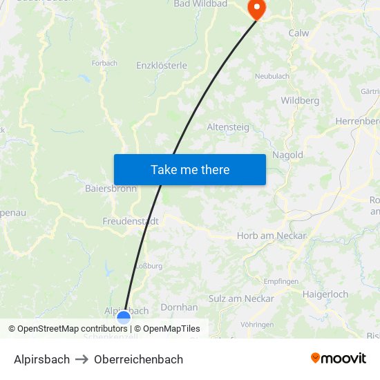 Alpirsbach to Oberreichenbach map