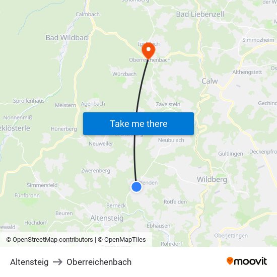 Altensteig to Oberreichenbach map