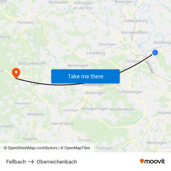 Fellbach to Oberreichenbach map