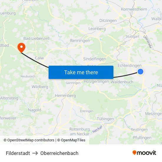 Filderstadt to Oberreichenbach map