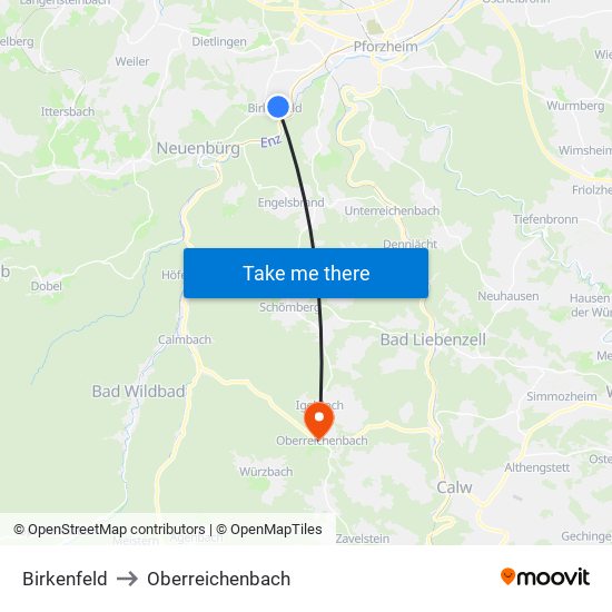 Birkenfeld to Oberreichenbach map