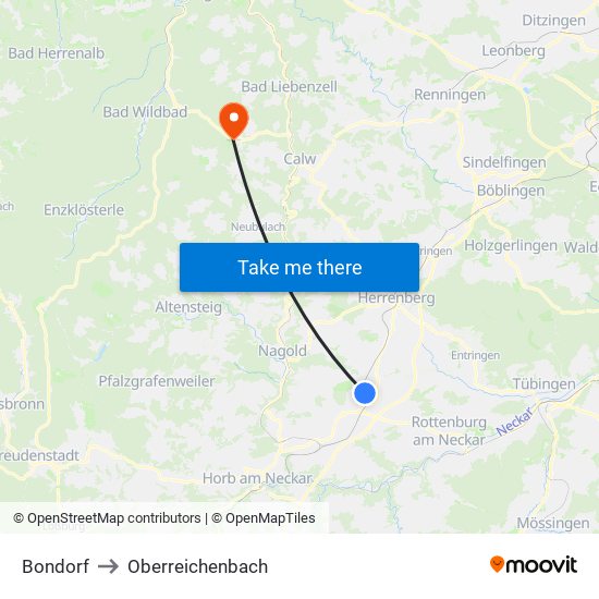 Bondorf to Oberreichenbach map