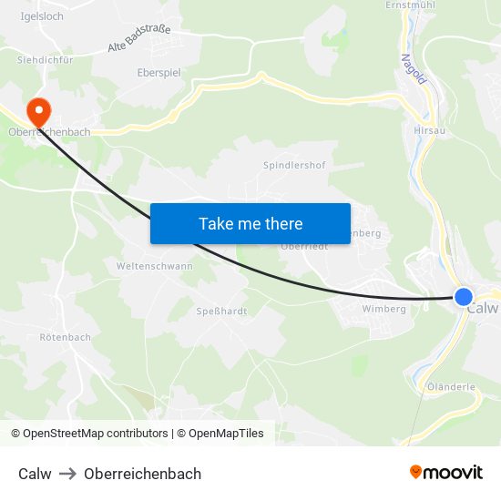 Calw to Oberreichenbach map