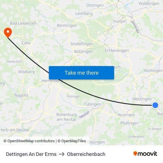 Dettingen An Der Erms to Oberreichenbach map