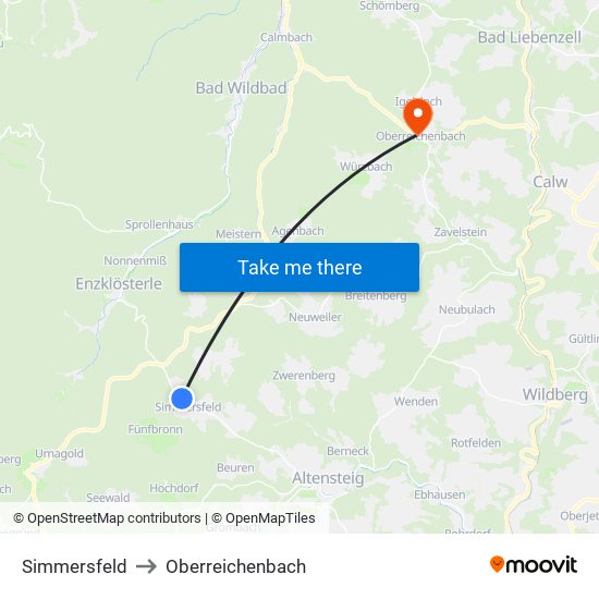 Simmersfeld to Oberreichenbach map