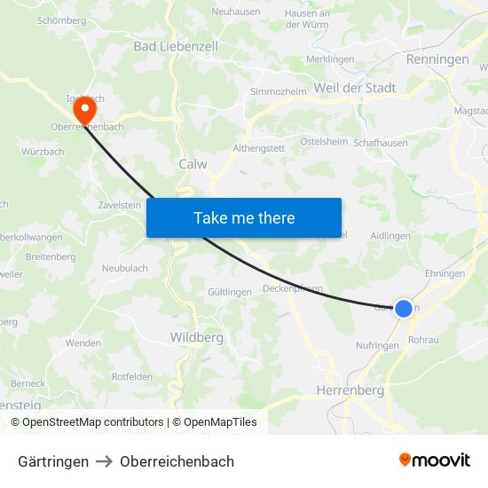 Gärtringen to Oberreichenbach map