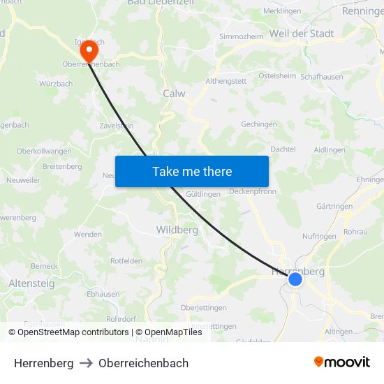 Herrenberg to Oberreichenbach map