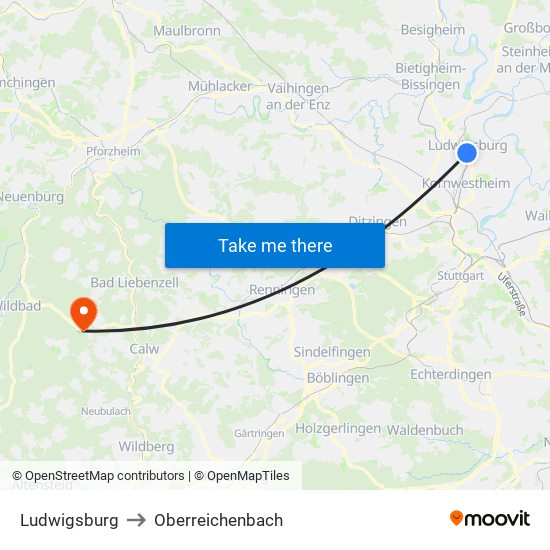 Ludwigsburg to Oberreichenbach map