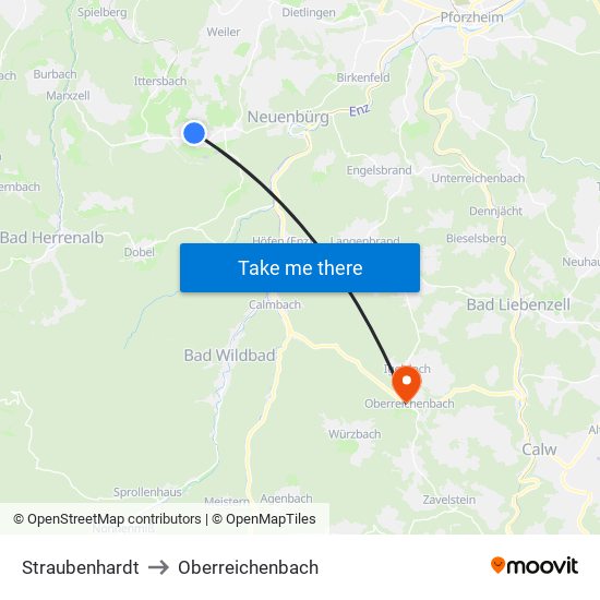 Straubenhardt to Oberreichenbach map