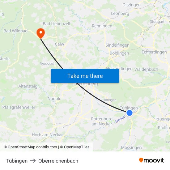 Tübingen to Oberreichenbach map
