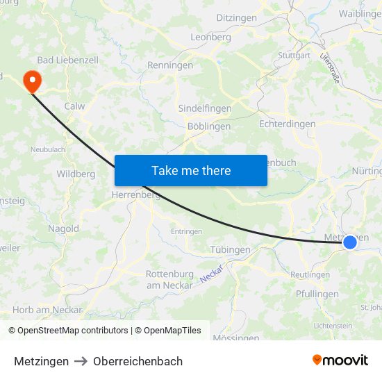 Metzingen to Oberreichenbach map