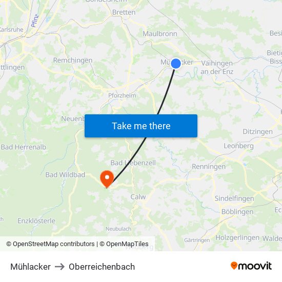 Mühlacker to Oberreichenbach map