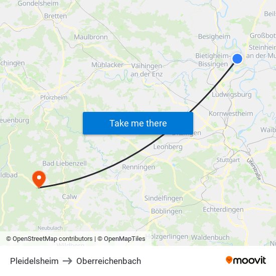 Pleidelsheim to Oberreichenbach map