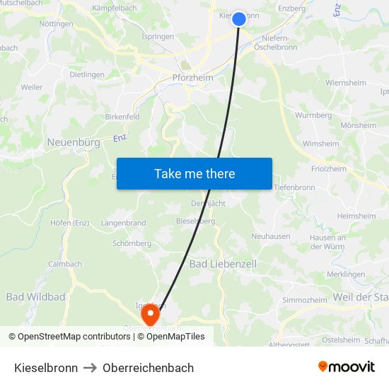 Kieselbronn to Oberreichenbach map