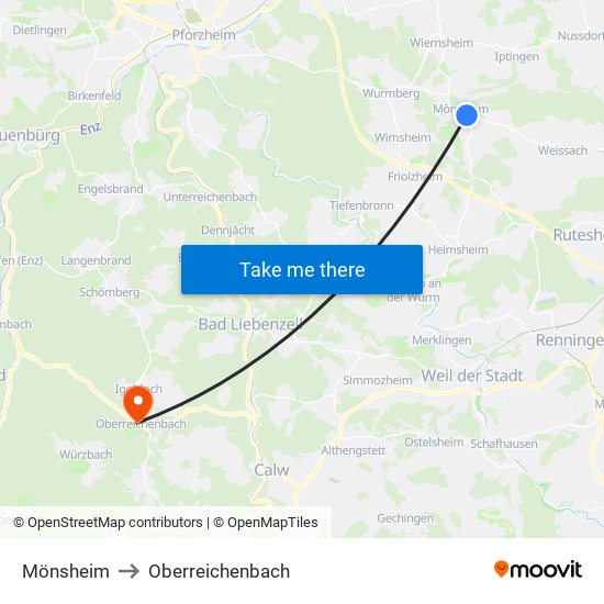 Mönsheim to Oberreichenbach map