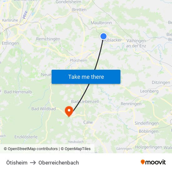 Ötisheim to Oberreichenbach map