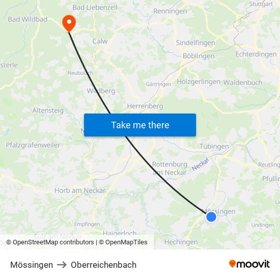 Mössingen to Oberreichenbach map