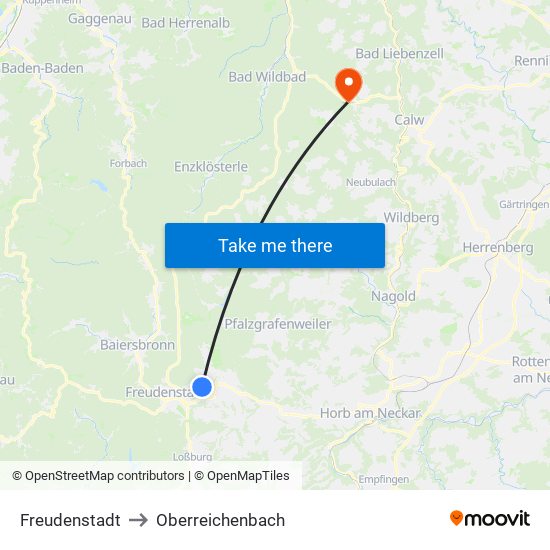 Freudenstadt to Oberreichenbach map