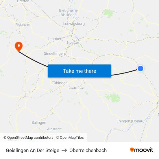 Geislingen An Der Steige to Oberreichenbach map