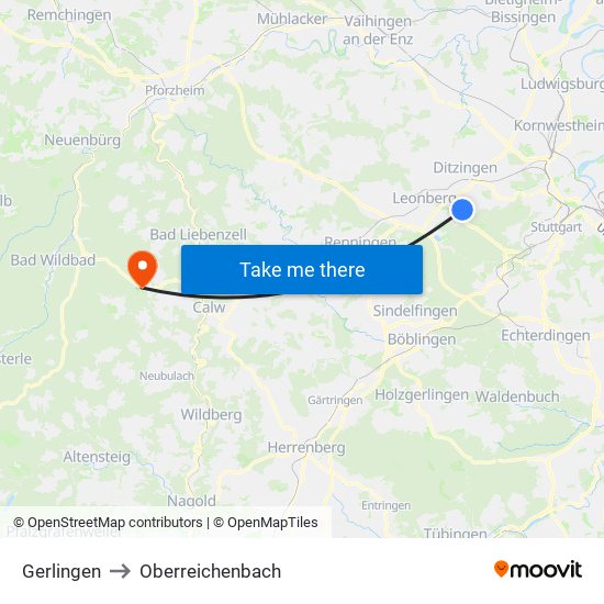 Gerlingen to Oberreichenbach map