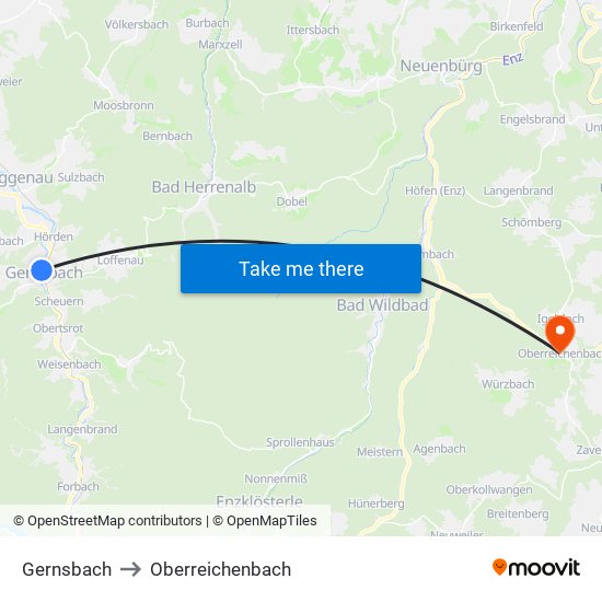 Gernsbach to Oberreichenbach map
