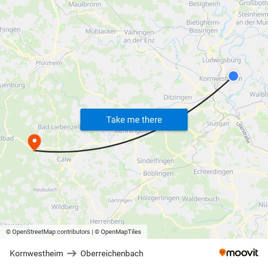 Kornwestheim to Oberreichenbach map