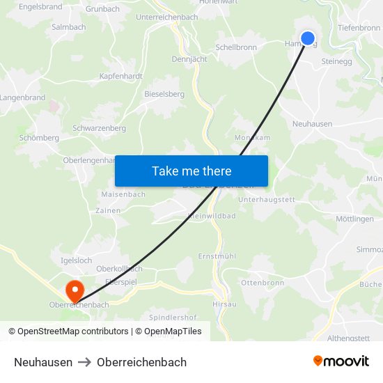Neuhausen to Oberreichenbach map