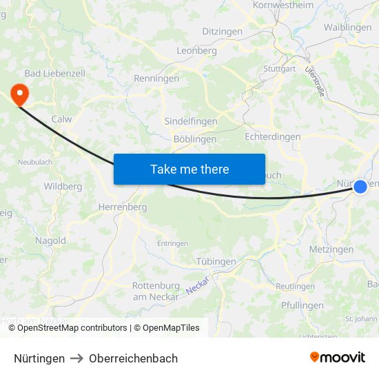 Nürtingen to Oberreichenbach map