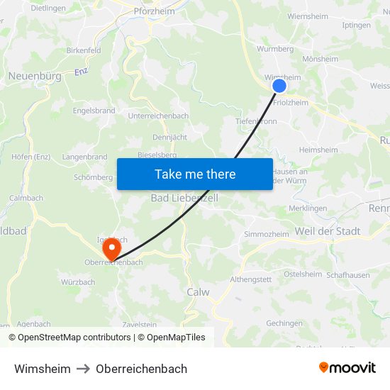 Wimsheim to Oberreichenbach map