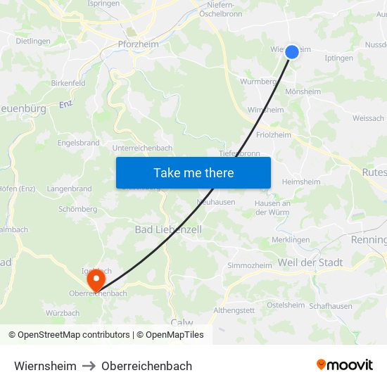 Wiernsheim to Oberreichenbach map