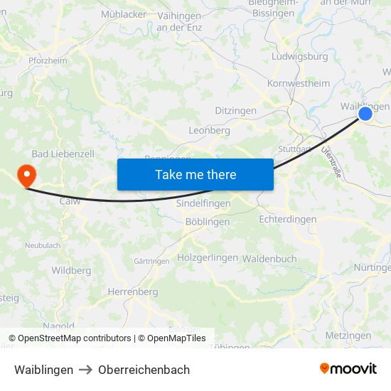 Waiblingen to Oberreichenbach map