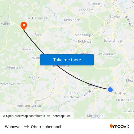 Wannweil to Oberreichenbach map